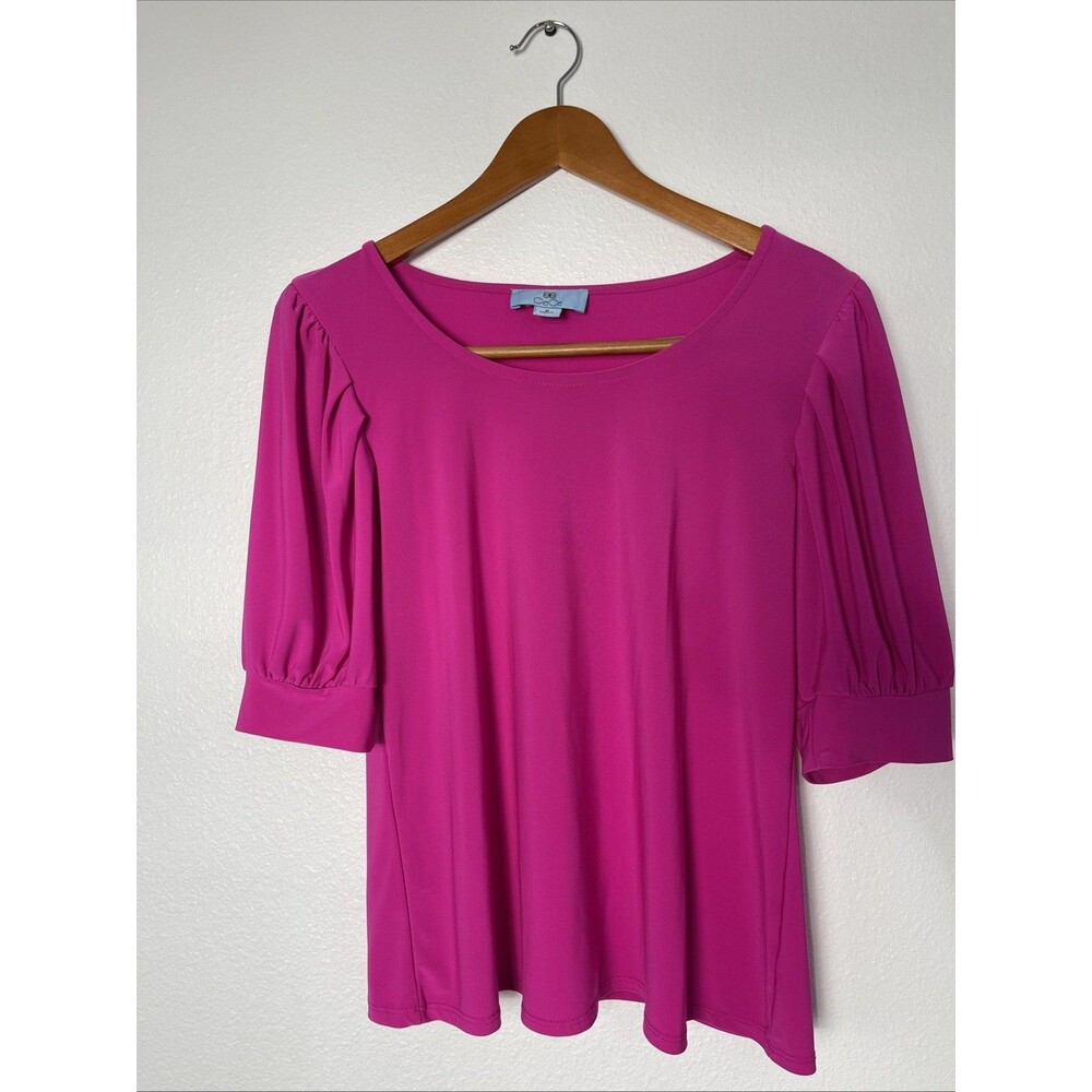 CeCe Hot Pink Puff Sleeve Scoop Neck Blouse Top Size M Medium Barbiecore Smooth